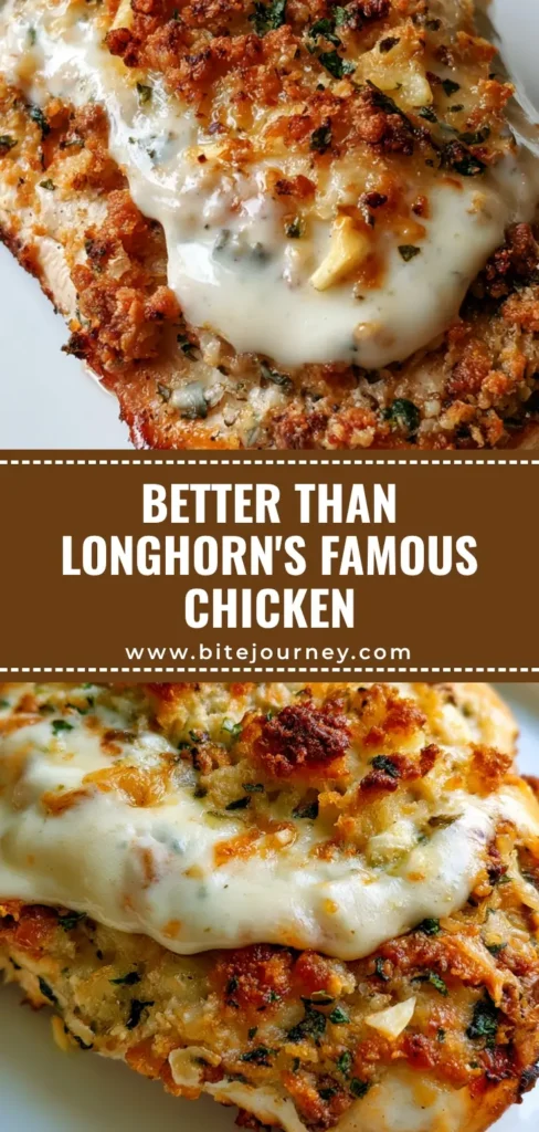 Longhorn Parmesan Crusted Chicken: The Ultimate Copycat Recipe 3 A single pan-seared chicken breast on a white plate topped with melting parmesan ranch sauce and a golden-brown panko crust. (Longhorn Parmesan Crusted Chicken)