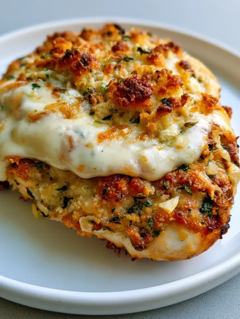 Close-up handheld photo of pan-seared chicken with thick melting creamy parmesan sauce. (Longhorn Parmesan Crusted Chicken)