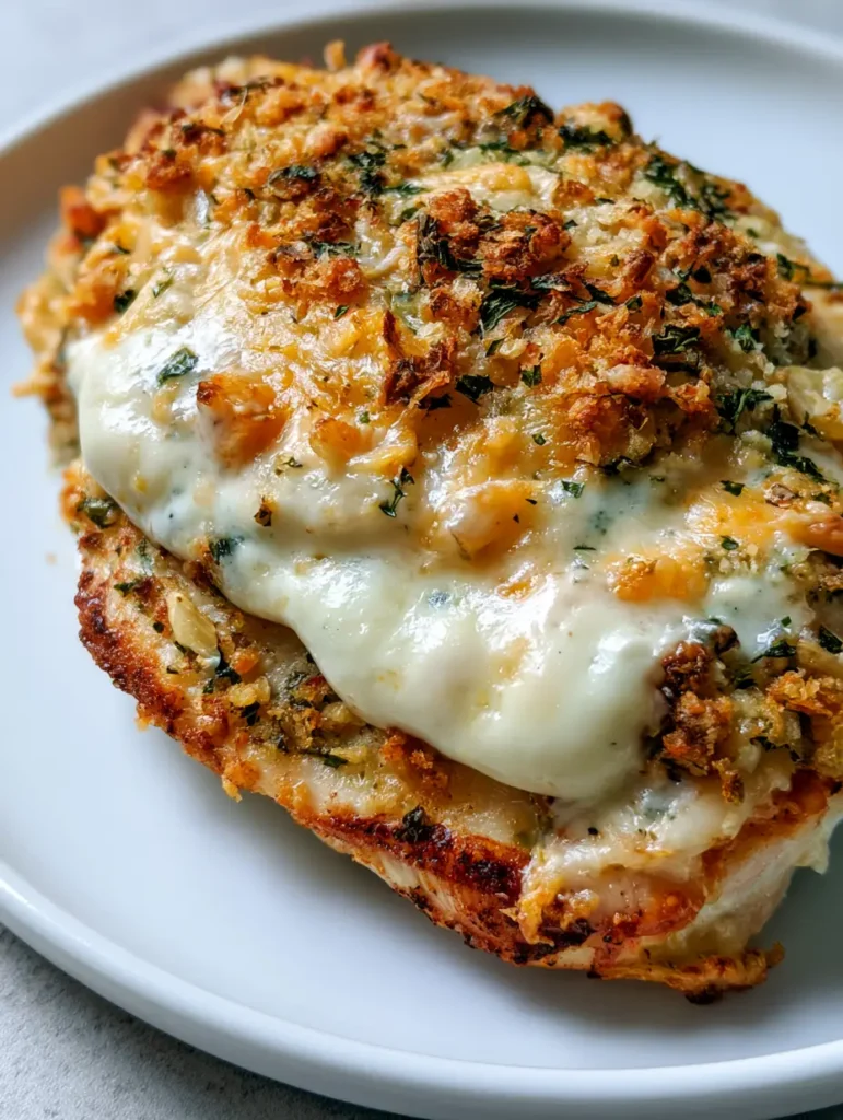 Longhorn Parmesan Crusted Chicken: The Ultimate Copycat Recipe 1 A textured crust of toasted breadcrumbs and melted parmesan cheese on a chicken breast with parsley flecks.