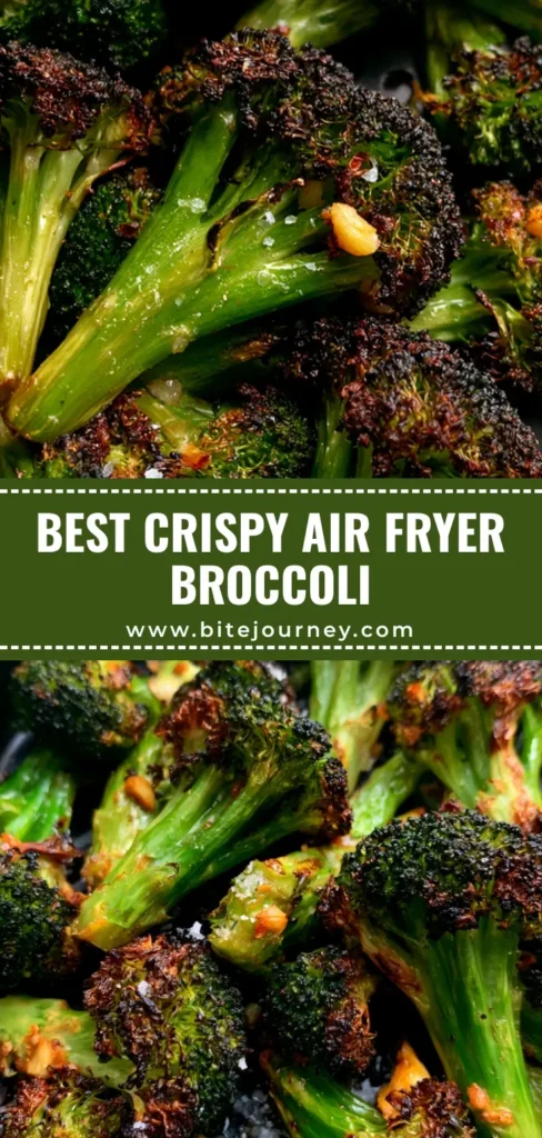 A Pinterest-style vertical shot of crispy Air Fryer Broccoli with charred tips and toasted garlic scattered throughout.