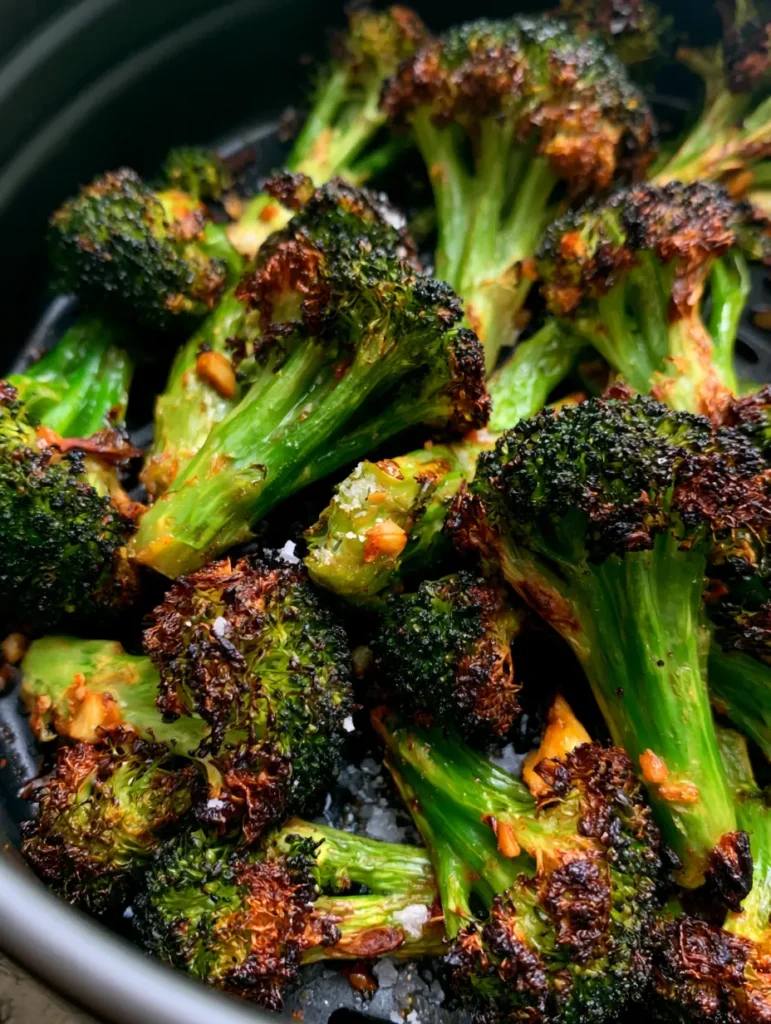 Close-up overhead shot of crispy broccoli florets in a black air fryer basket with visible toasted minced garlic. (Air Fryer Broccoli)