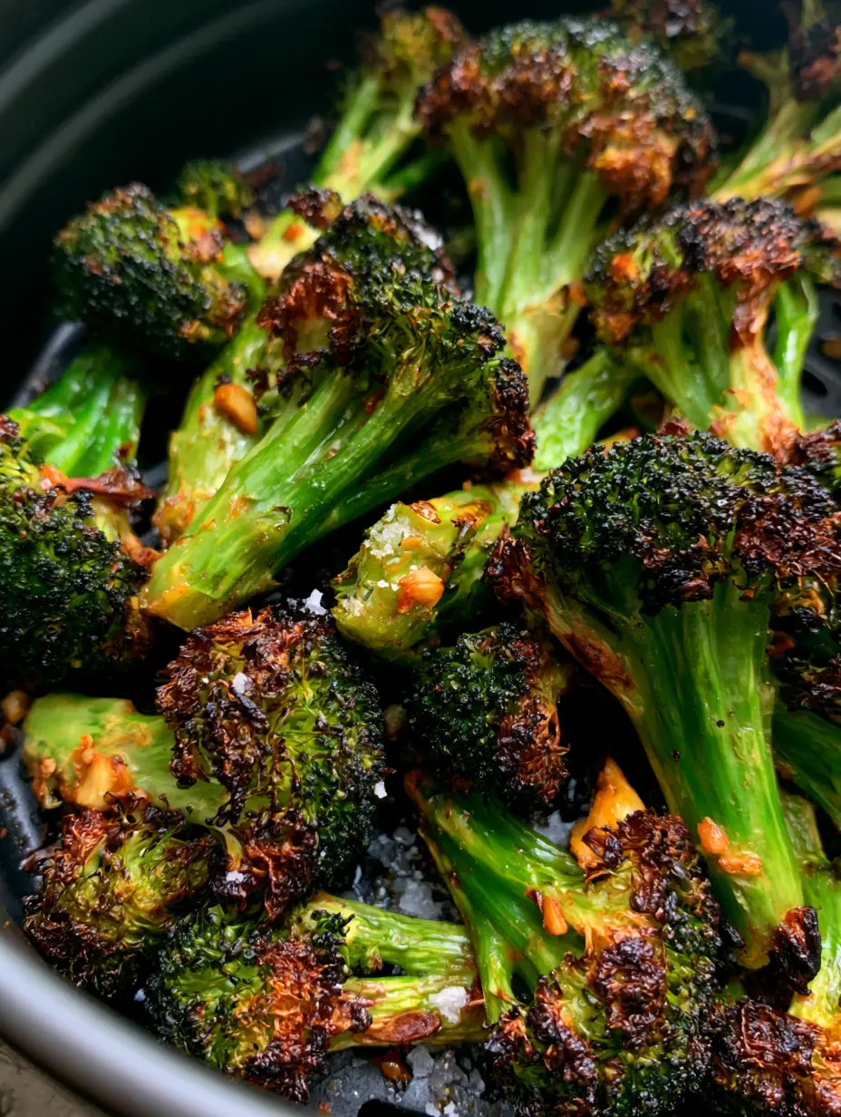 Close-up overhead shot of crispy broccoli florets in a black air fryer basket with visible toasted minced garlic. (Air Fryer Broccoli)