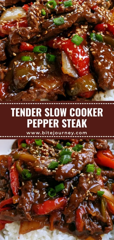 A close-up of Slow Cooker Pepper Steak with glossy brown gravy and wilted peppers over white rice.
