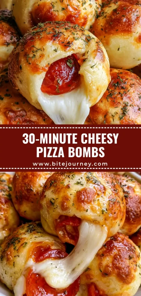 Pepperoni Pizza Bombs: The Ultimate Cheesy Pull-Apart Appetizer 3 A pile of golden-brown Pepperoni Pizza Bombs with a massive cheese pull, revealing stretchy mozzarella and red pepperoni rounds.