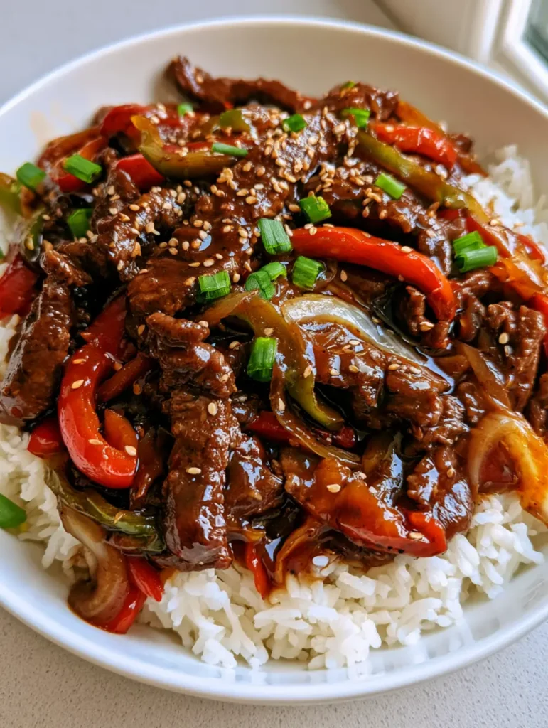Close-up of tender beef strips and wilted bell peppers in Slow Cooker Pepper Steak.