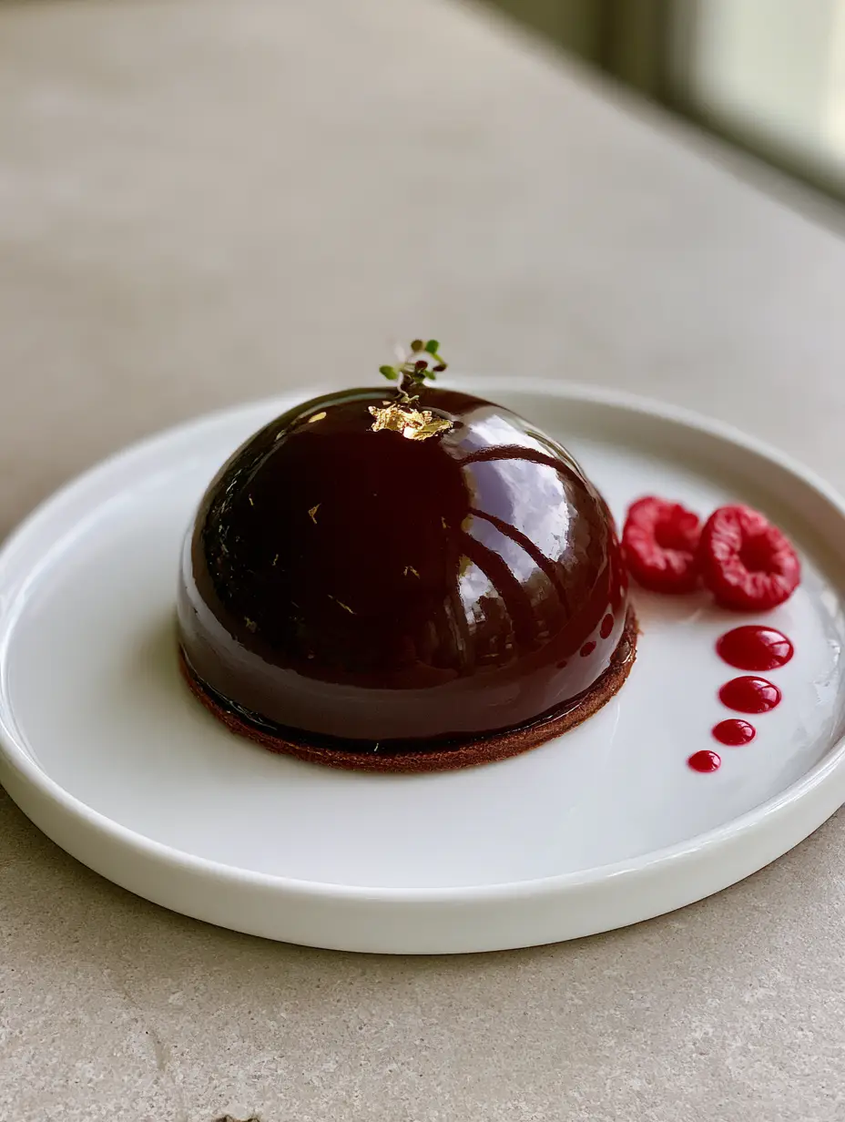 Close-up of a single glossy dark chocolate dome dessert sitting on a cocoa sable biscuit. (Chocolate Mascarpone Dome Dessert)