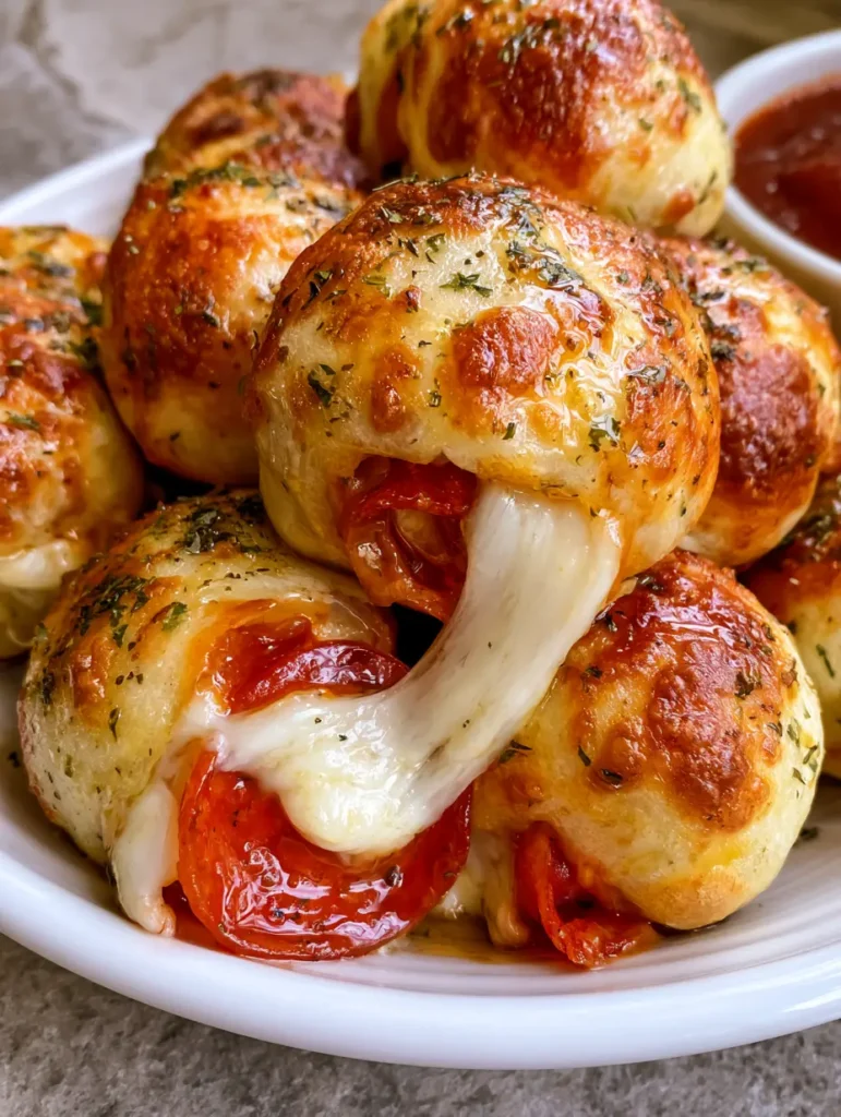 A smartphone photo of Pepperoni Pizza Bombs on a white plate with visible garlic butter herbs and a side of marinara.