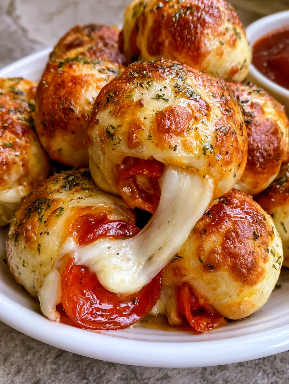 Pepperoni Pizza Bombs: The Ultimate Cheesy Pull-Apart Appetizer 4 A smartphone photo of Pepperoni Pizza Bombs on a white plate with visible garlic butter herbs and a side of marinara.