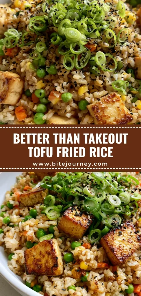 A top-down view of Tofu Fried Rice in a white bowl showing crispy tofu cubes, green peas, and black sesame seeds.