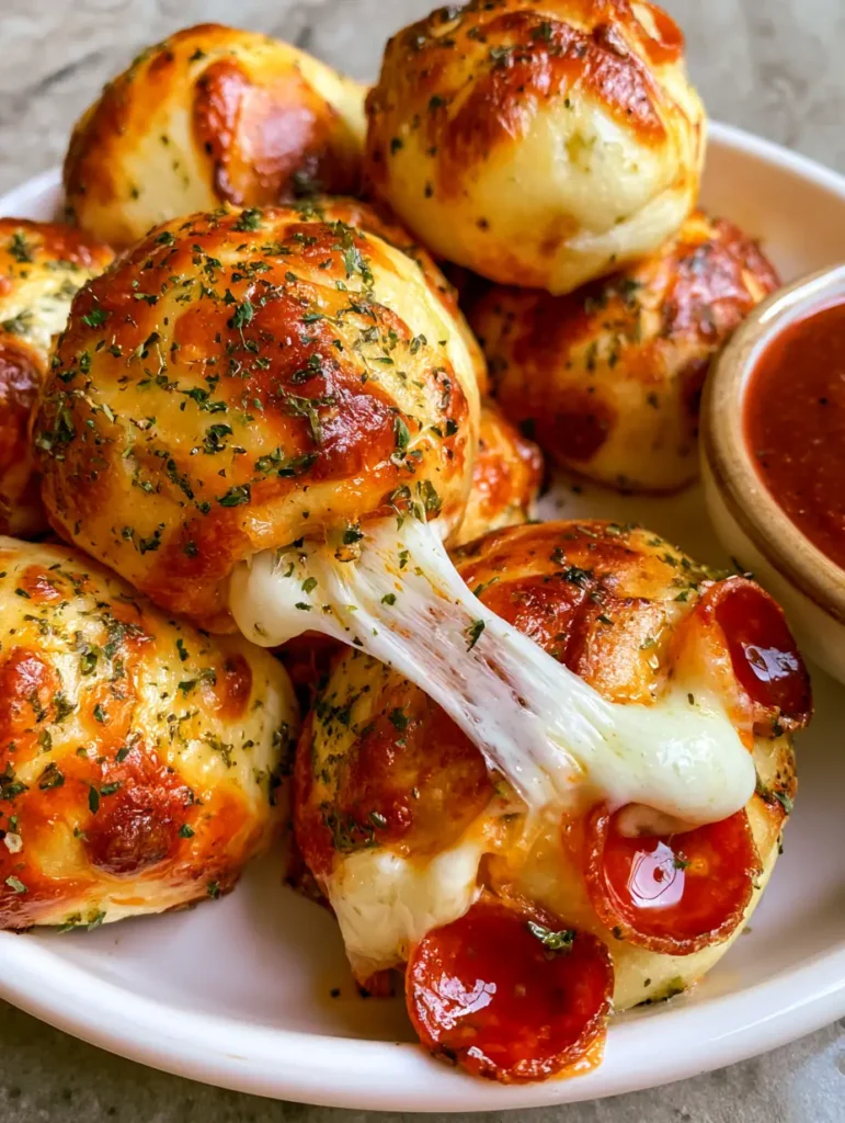 Pepperoni Pizza Bombs: The Ultimate Cheesy Pull-Apart Appetizer 1 Close up of the blistered crust of a Pepperoni Pizza Bomb brushed with oregano and parsley flakes.