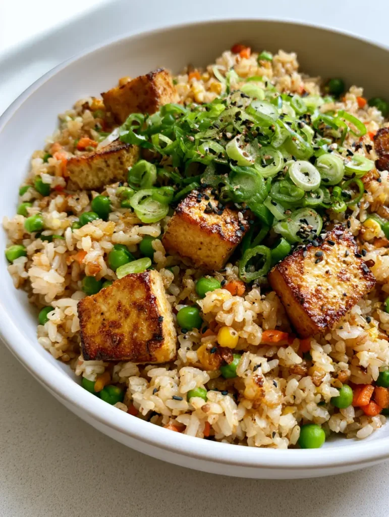 A handheld smartphone photo of a white ceramic bowl filled with Tofu Fried Rice featuring pan-seared golden tofu and fresh green onions.