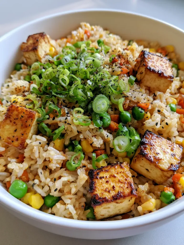 Close up of Tofu Fried Rice with visible seared tofu edges, sweet corn, and orange carrots.