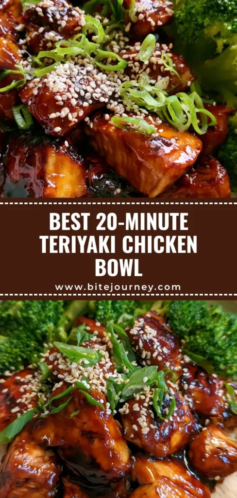 A Teriyaki Chicken Bowl with seared chicken chunks in a dark glossy glaze, steamed broccoli, and white rice, garnished with sesame seeds and scallions.