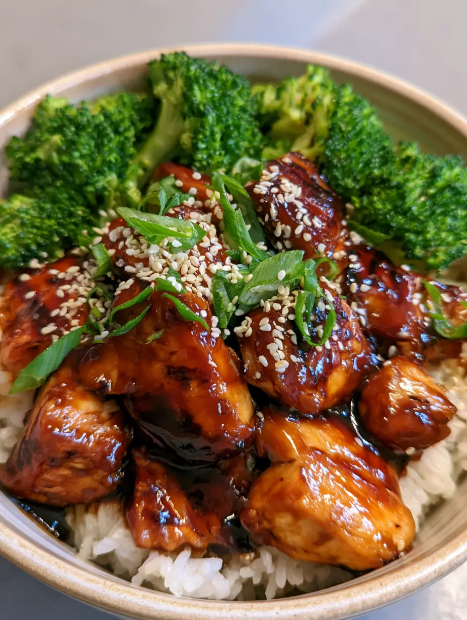 Handheld smartphone photo of a Teriyaki Chicken Bowl showing char marks on chicken and vibrant green broccoli.