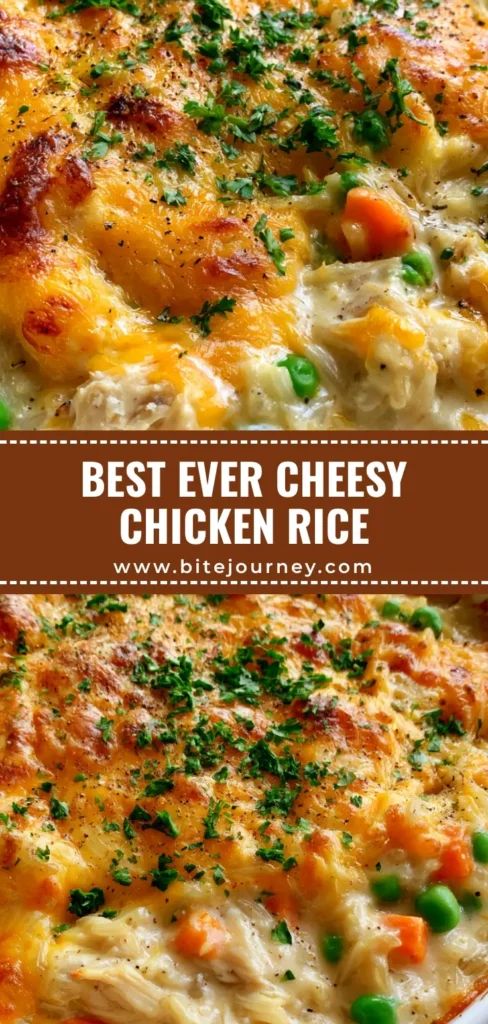 A bubbling Chicken and Rice Casserole in a white ceramic dish featuring melted golden cheddar and fresh parsley garnish.