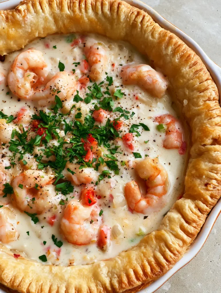 Florida Shrimp Pie: The Ultimate Creamy Coastal Comfort Recipe 2 Close up of the crimped edges of a Florida Shrimp Pie showcasing the golden flaky pastry and creamy béchamel sauce with red bell peppers.