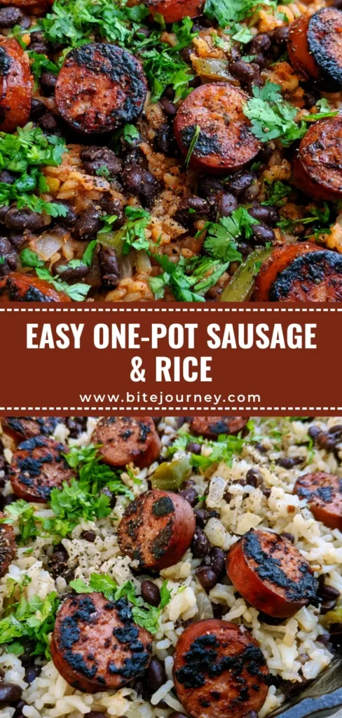 A high-angle shot of a rustic cast iron skillet with fluffy white rice, black beans, and seared smoked sausage rounds garnished with cilantro. (One-Pot Black Beans and Rice with Sausage)