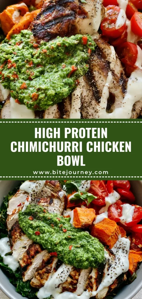 Chimichurri Grilled Chicken Bowl: The Ultimate Healthy Power Meal 4 A healthy Chimichurri Grilled Chicken Bowl in a matte grey bowl featuring charred chicken slices, sweet potatoes, and vibrant green herb sauce.