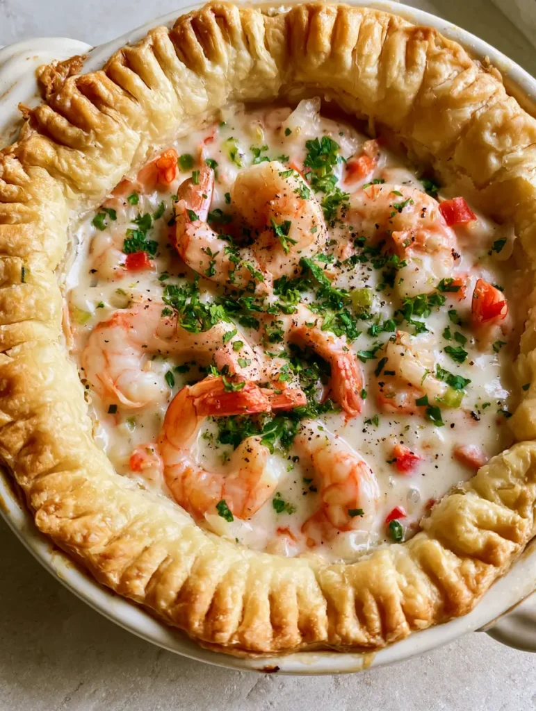 Florida Shrimp Pie: The Ultimate Creamy Coastal Comfort Recipe 1 A top-down shot of the completed Florida Shrimp Pie garnished with fresh green parsley and cracked black pepper.