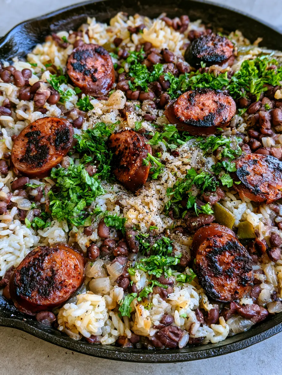 Close up of caramelized smoked andouille sausage rounds over fluffy rice and black beans in a cast iron pan. (One-Pot Black Beans and Rice with Sausage)