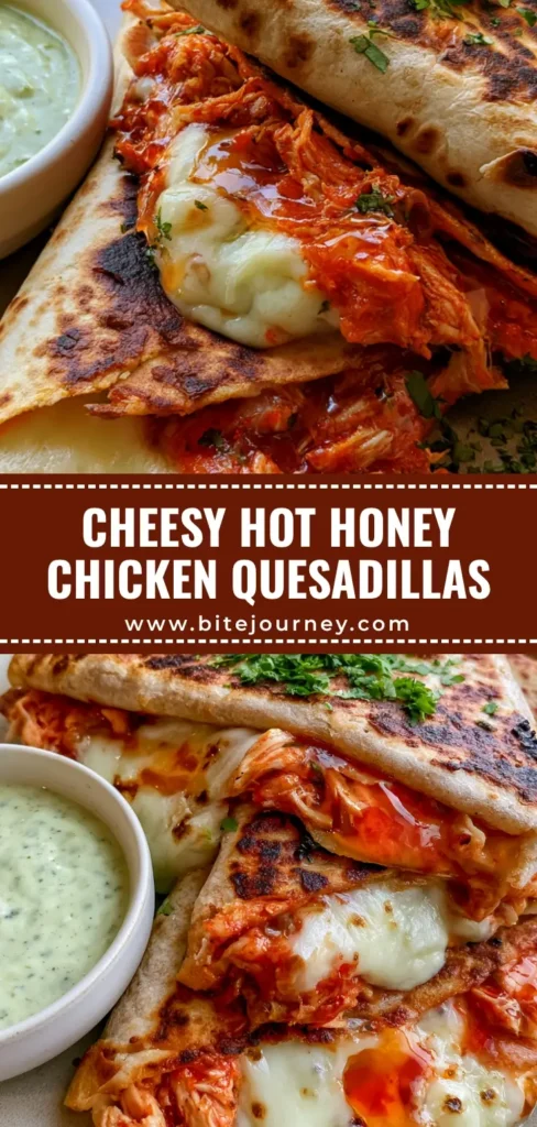 Hot Honey Chicken Quesadillas with Creamy Jalapeño Sauce 4 Three folded Hot Honey Chicken Quesadillas stacked on a ceramic plate showing melted cheese and red-orange glaze with a side of green jalapeño sauce.