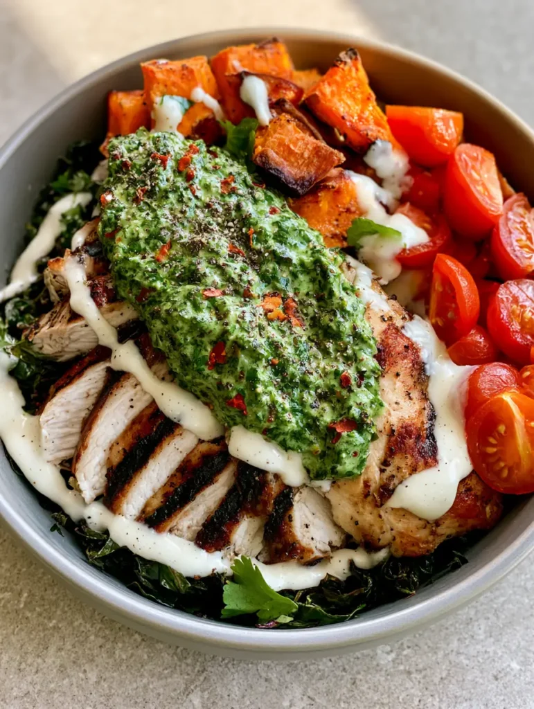 Chimichurri Grilled Chicken Bowl: The Ultimate Healthy Power Meal 2 Close up of grilled chicken breast with char marks and bright green chimichurri sauce in a Chimichurri Grilled Chicken Bowl.