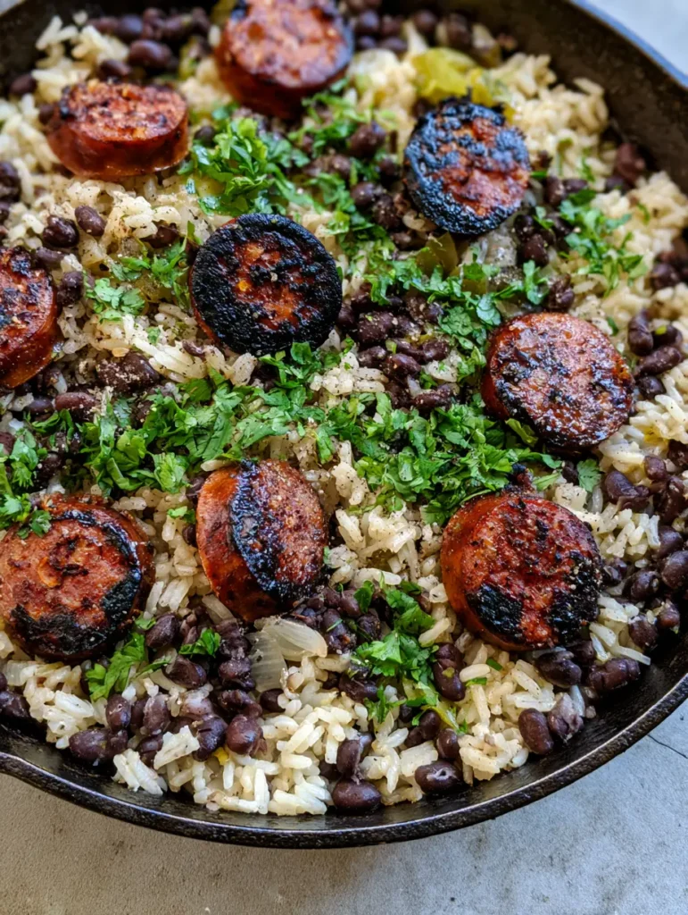 High-angle view of the finished One-Pot Black Beans and Rice with Sausage on a concrete surface.