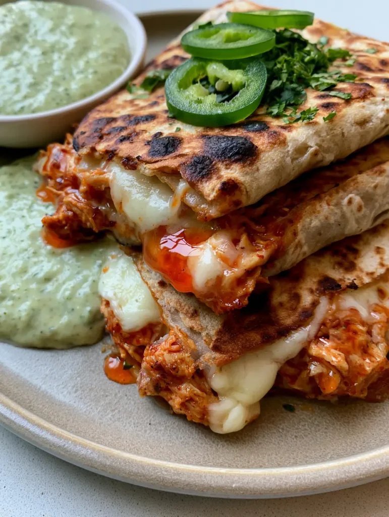 Hot Honey Chicken Quesadillas with Creamy Jalapeño Sauce 2 Handheld photo of golden brown chicken quesadillas with charred spots and a bowl of pale green jalapeño cream sauce.