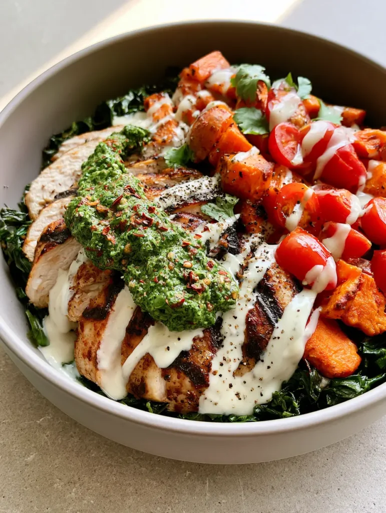 Chimichurri Grilled Chicken Bowl: The Ultimate Healthy Power Meal 1 Overhead view of a Chimichurri Grilled Chicken Bowl with roasted sweet potatoes, sautéed kale, and a zig-zag garlic sauce drizzle.