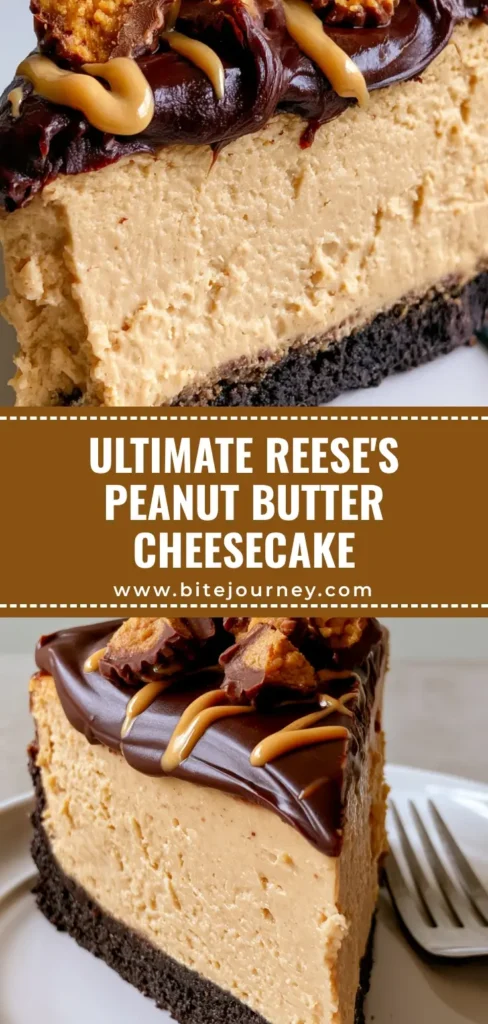 A tall slice of Peanut Butter Cheesecake with a dark chocolate cookie crust, glossy ganache, and Reese's chunks on a white plate. (Peanut Butter Cheesecake Recipe)