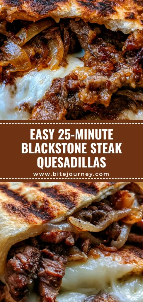 Blackstone Steak Quesadillas with Caramelized Onions and Melty Cheese 4 A handheld folded Blackstone Steak Quesadilla showing seared steak, melted white cheese, and a charred flour tortilla.