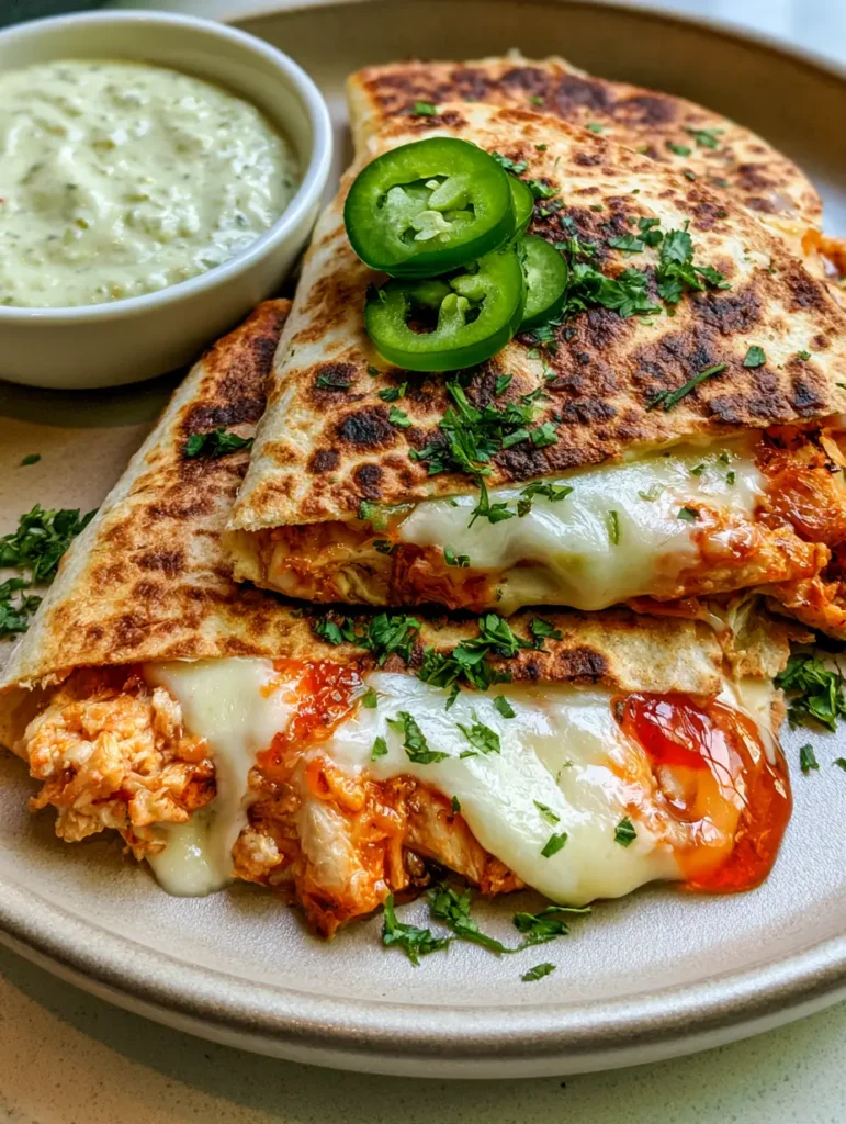 Hot Honey Chicken Quesadillas with Creamy Jalapeño Sauce 1 Close up of shredded chicken breast coated in a translucent red-orange hot honey glaze inside a toasted flour tortilla.