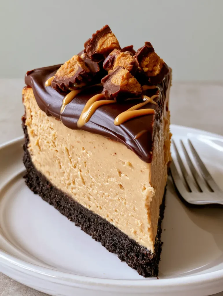 Close-up eye-level shot of a Peanut Butter Cheesecake slice with a zig-zag peanut butter drizzle. (Peanut Butter Cheesecake Recipe)