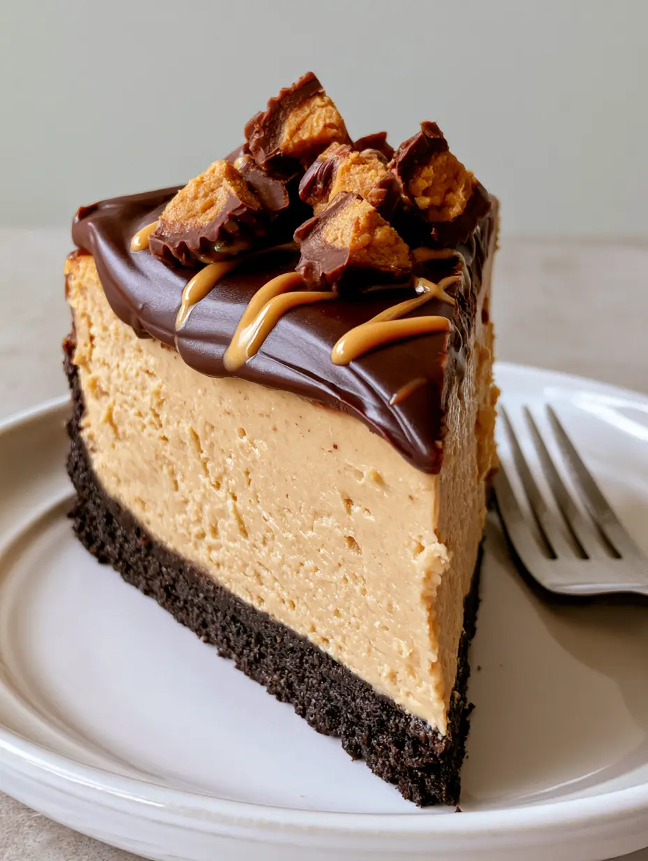 Close-up eye-level shot of a Peanut Butter Cheesecake slice with a zig-zag peanut butter drizzle. (Peanut Butter Cheesecake Recipe)