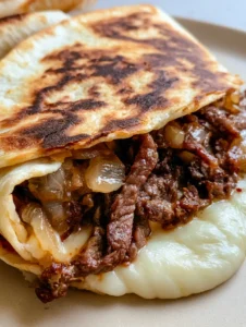 Close up of seared steak strips and melted white cheese inside a Blackstone Steak Quesadilla.