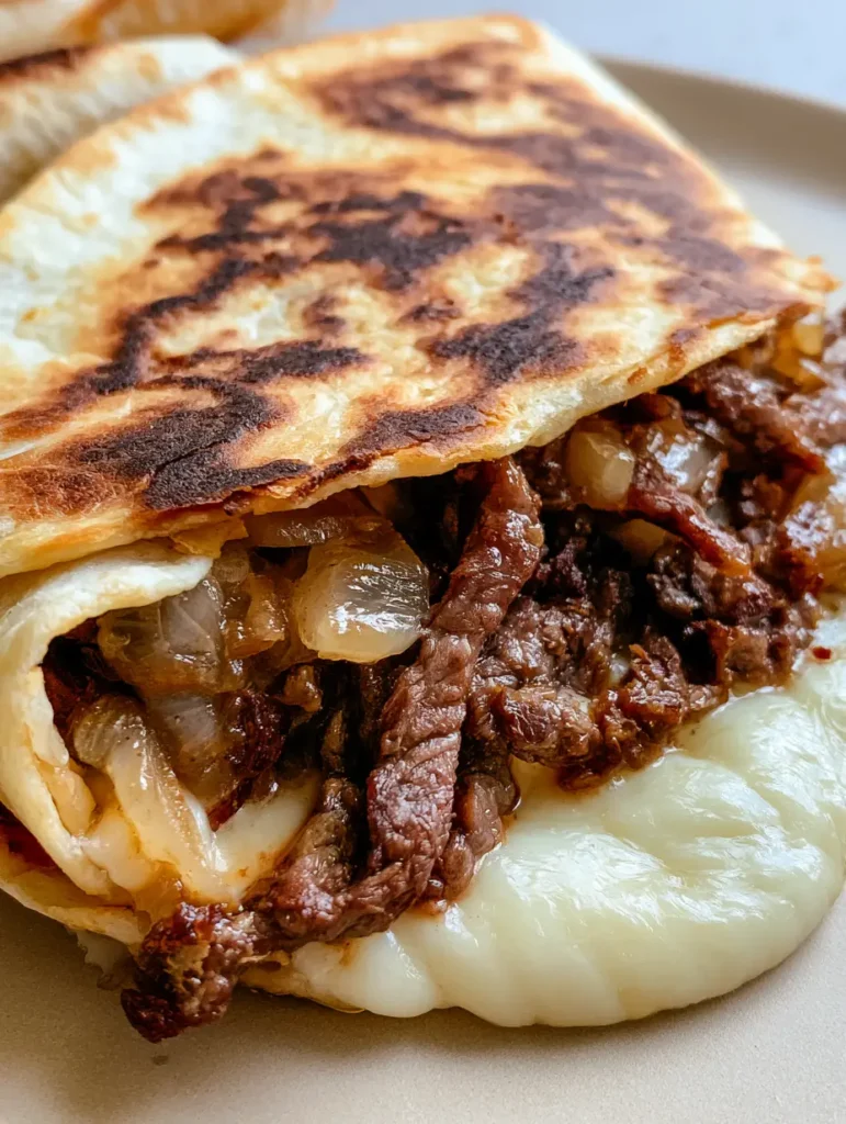 Blackstone Steak Quesadillas with Caramelized Onions and Melty Cheese 2 Close up of seared steak strips and melted white cheese inside a Blackstone Steak Quesadilla.