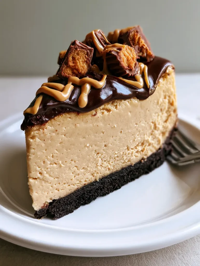 A single slice of cheesecake showing the thick chocolate cookie crust and glossy dark chocolate ganache. (Peanut Butter Cheesecake Recipe)