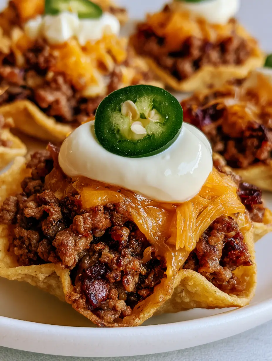 Creative Fun Dinner Ideas: Loaded Mini Taco Appetizer Scoops 3 Handheld photo of mini taco appetizer scoops on a white ceramic dish. (Creative Fun Dinner Ideas)